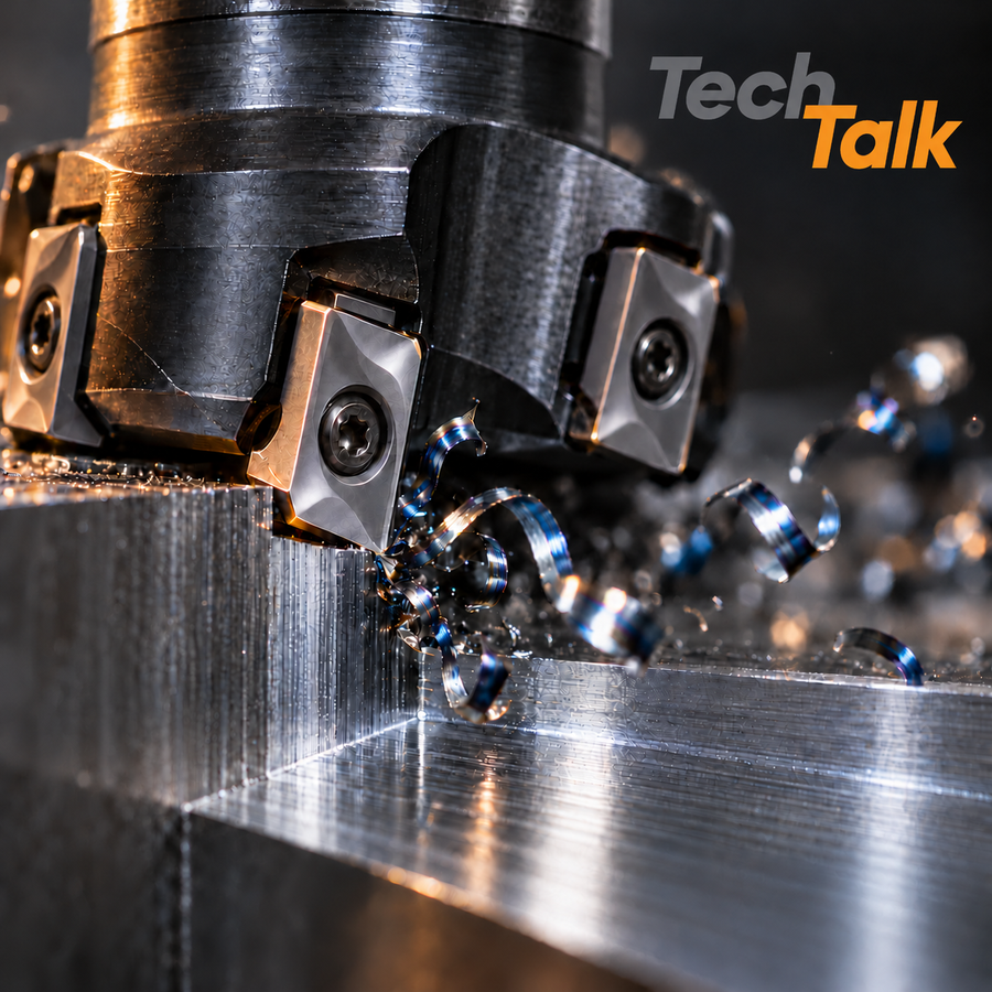 Indexable 90 degree square shoulder mill cutting a crisp step into a steel block, carbide inserts in the cut and blue chips curling away