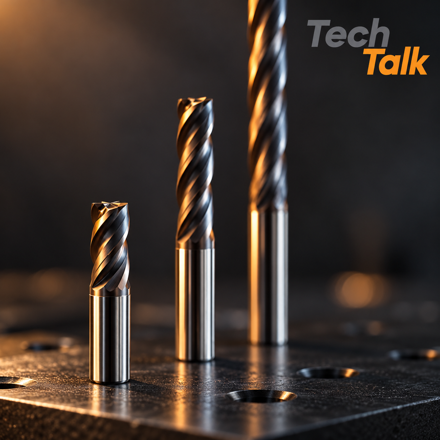 Three solid carbide end mills of the same diameter standing side by side on a surface plate, each one longer than the last, the longest running out of the top of the frame