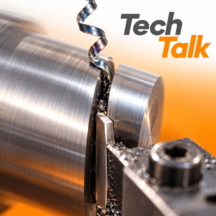Parting and grooving insert cutting steel on a lathe - FM Carbide - TechTalk