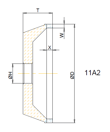 11A2 75x4x6 T= 45 Bore 31.75 Grit D46 Concentration SQ100 Hybrid Bond M414