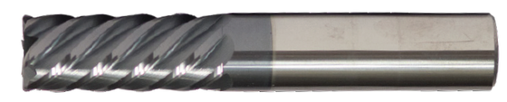 5/8" End Mill Single End. High Performance 45 Degree Helix. Shank OD 5/8" Flute Lenght 2-1/4" OAL 5" Corner Radius 0.015" - 6 Flutes - HTC Coated