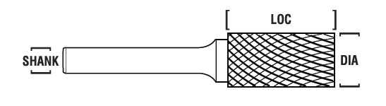 3/32" SA Shape Carbide Burr. Single Cut Cylinder without End Cut. LOC 7/16" Shank OD 1/8" OAL 1-1/2" - Uncoated