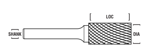 1/2" SB Shape Carbide Burr. Double Cut Cylinder with End Cut. LOC 1" Shank OD 1/4" OAL 2-1/4" - Uncoated