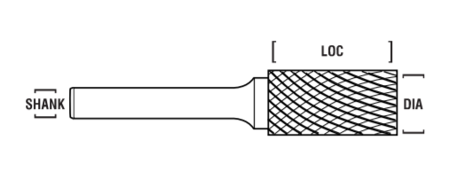 1/4" SB Shape Carbide Burr. Single Cut Cylinder with End Cut. LOC 1" Shank OD 1/4" OAL 2" - Uncoated