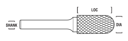 1/2" SC Shape Carbide Burr. Single Cut Ball Nosed Cylinder. LOC 1" Shank OD 1/4" OAL 2-1/4" - Uncoated