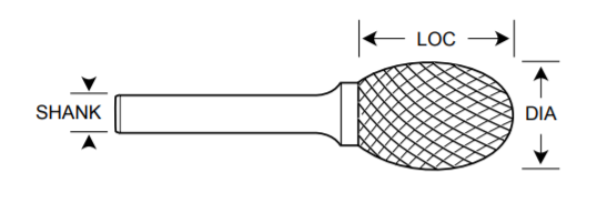 1/2" SE Shape Carbide Burr. Single Cut Oval Shape. LOC 7/8" Shank OD 1/4" OAL 6-1/2" - Uncoated