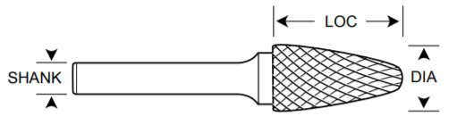 1/4" SF Shape Carbide Burr. Double Cut Ball Nosed Tree. LOC 1/2" Shank OD 1/8" OAL 1-3/4" - Uncoated