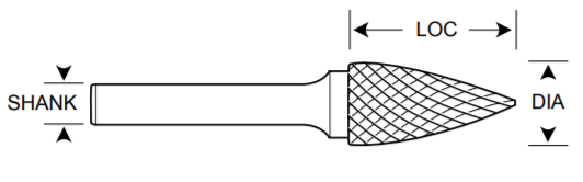 3/4" SG Shape Carbide Burr. Double Cut Pointed Tree. LOC 1-1/2" Shank OD 1/4" OAL 2-1/2" - Uncoated