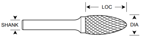 3/16" SH Shape Carbide Burr. Single Cut Flame Shape. LOC 3/8" Shank OD 1/8" OAL 1-11/16" - Uncoated