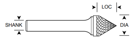 1/2" SJ Shape Carbide Burr. Single Cut Deburring 60 Degree Included. LOC 7/16" Shank OD 1/4" OAL 2-1/4" - Uncoated