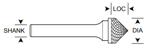 1/4" SK Shape Carbide Burr. Double Cut Deburring 90 Degree Included. LOC 1/8" Shank OD 1/4" OAL 2" - Uncoated