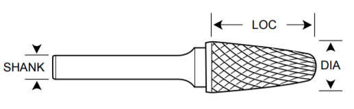 1/8" SL Shape Carbide Burr. Double Cut Ball Nosed Cone. LOC 1/2" Shank OD 1/8" OAL 3" - Uncoated