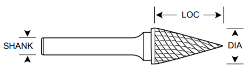 3/8" SM Shape Carbide Burr. Double Cut Cone Shape, 28 Degree Included. LOC 5/8" Shank OD 1/4" OAL 2-1/8" - Uncoated