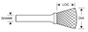 1/4" SN Shape Carbide Burr. Double Cut Inverted Cone Shape, 10 Degree Included. LOC 1/4" Shank OD 1/8" OAL 1-3/4" - Uncoated