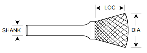 1/4" SN Shape Carbide Burr. Double Cut Inverted Cone Shape, 10 Degree Included. LOC 1/4" Shank OD 1/8" OAL 1-3/4" - Uncoated