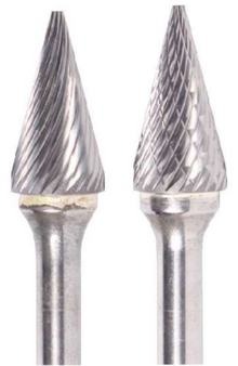  1/2" SM Shape Carbide Burr. Double Cut Cone Shape, 28 Degree Included. LOC 7/8" Shank OD 1/4" OAL 2-1/4" - Uncoated