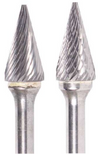 3/8" SM Shape Carbide Burr. Double Cut Cone Shape, 28 Degree Included. LOC 5/8" Shank OD 1/4" OAL 2-1/8" - Uncoated