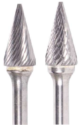 1/8" SM Shape Carbide Burr. Single Cut Cone Shape, 14 Degree Included. LOC 7/16" Shank OD 1/8" OAL 2" - Uncoated