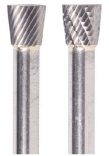  3/16" SN Shape Carbide Burr. Single Cut Inverted Cone Shape, 10 Degree Included. LOC 1/4" Shank OD 3/16" OAL 2" - Uncoated