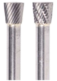 3/16" SN Shape Carbide Burr. Single Cut Inverted Cone Shape, 10 Degree Included. LOC 1/4" Shank OD 1/8" OAL 1-11/16" - Uncoated