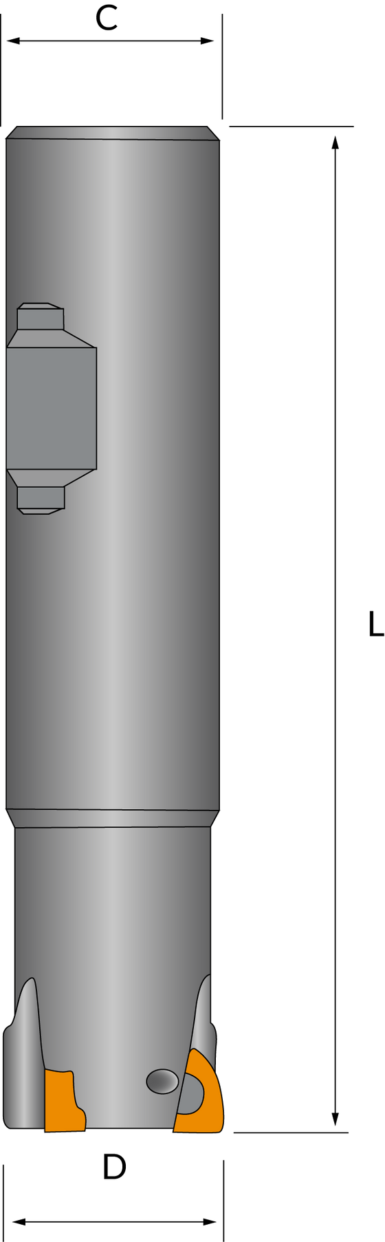 1/2" ENDMILL CUTTER (D), 5" LENGTH (L), C = 0.5, WITH 1 POCKETS